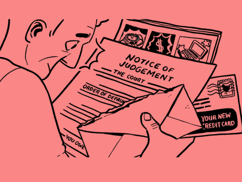 A pink rectangle holding a scene from the comic with a person holding court documents.