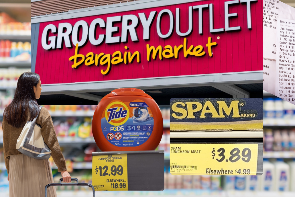 A collage showing a store front, a shopper, two products, and shelf price tags.