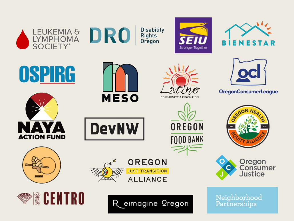 A graphic with the 18 logos of the member organizations in the Consumer Alliance of Oregon