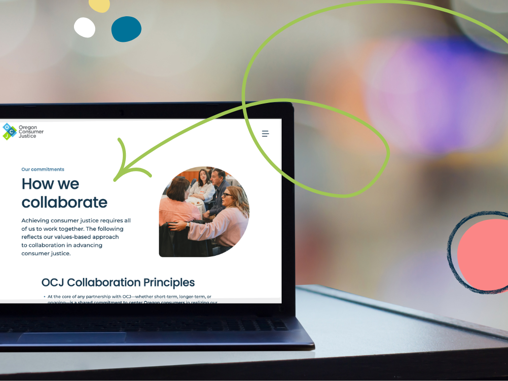 A laptop showing our collaboration principles webpage with some branded graphics including dots and an arrow.