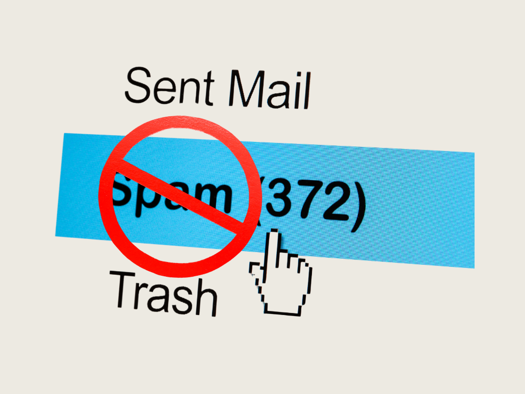 A photo of an email box inbox. The word spam is covered by a red circle with a line through the middle.