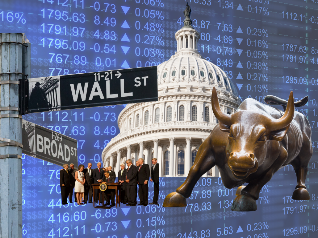 Collage of the U.S. Congress building, the street sign for Wall Street, the bull statue outside the New York Stock Exchange and President Obama signing a piece of legislation into law.
