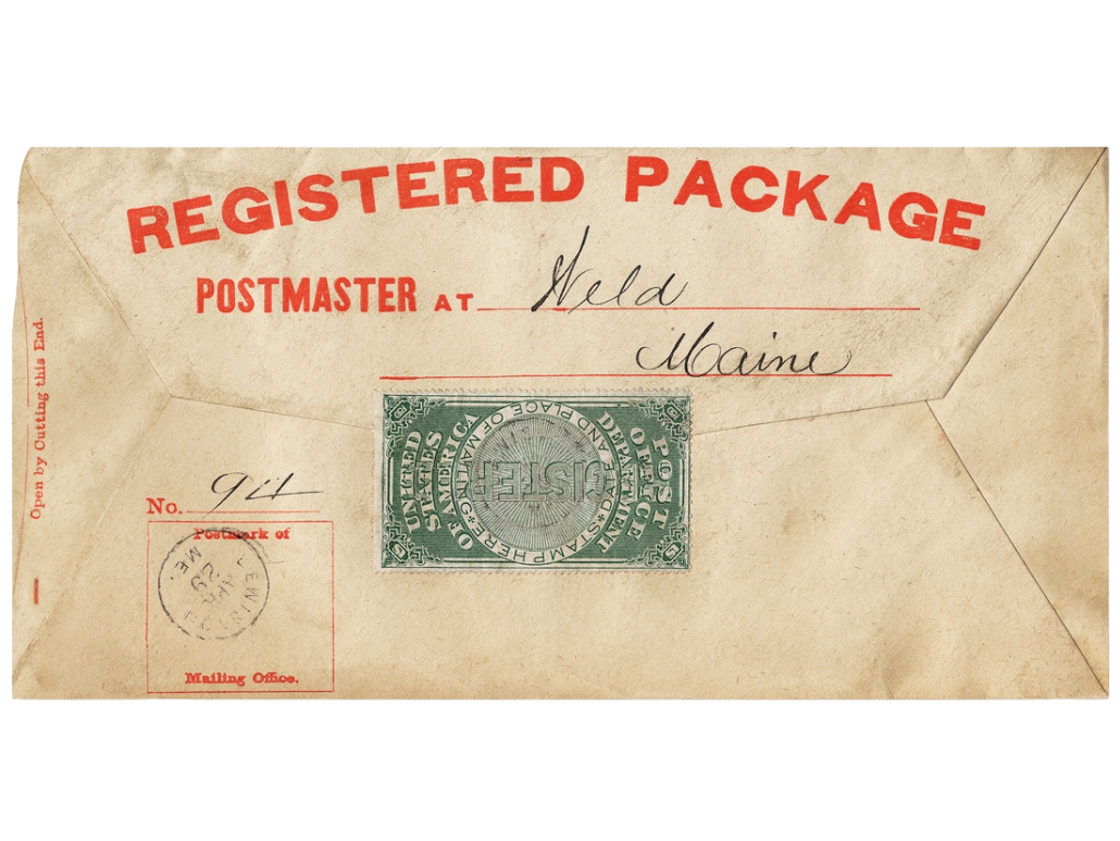 A picture of a registered envelope with a U.S. stamp.