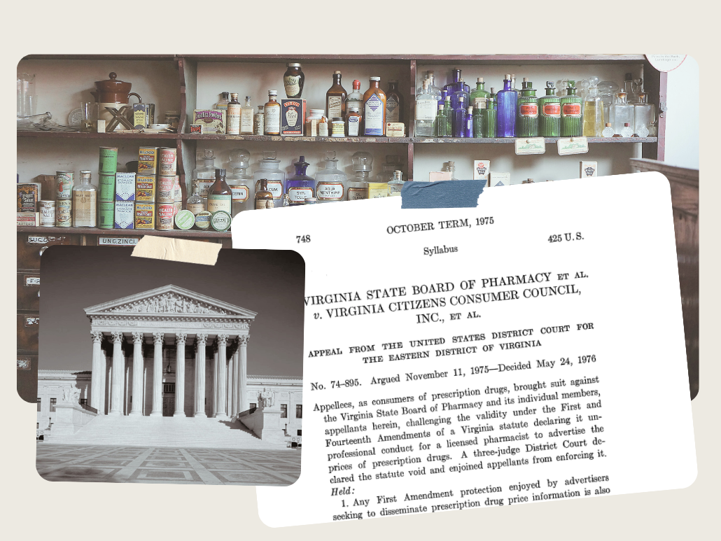 A rectangle collage of the SCOTUS summary brief, a photo of the Supreme Court, and photo of a pharmacy wall.