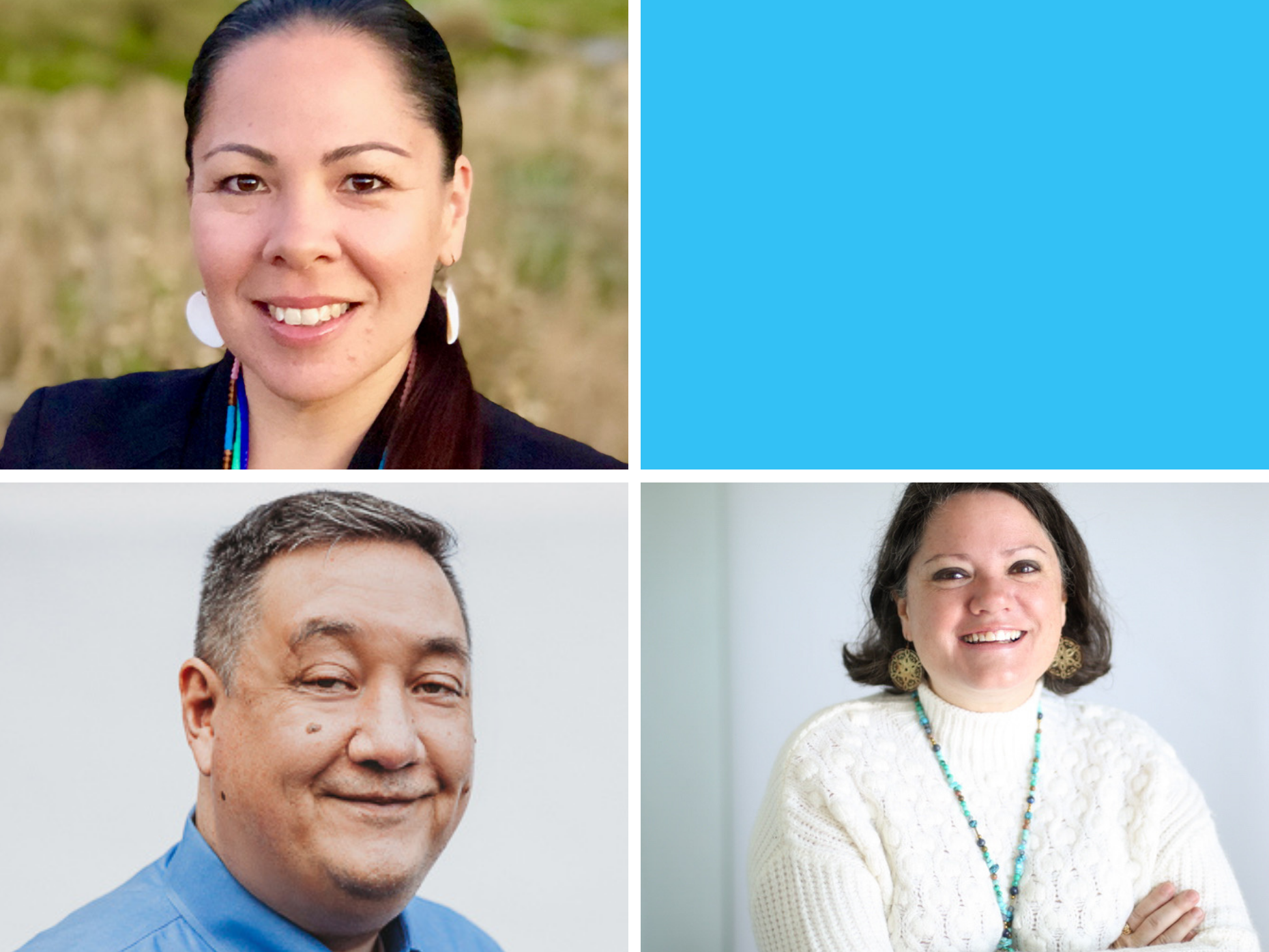 Photo collage of OCJ Board Officers: Se-ah-dom Edmo is outdoors, Sayer Jones is in a blue shirt, and Jenny Pool-Radway is in a white sweater, all smiling.