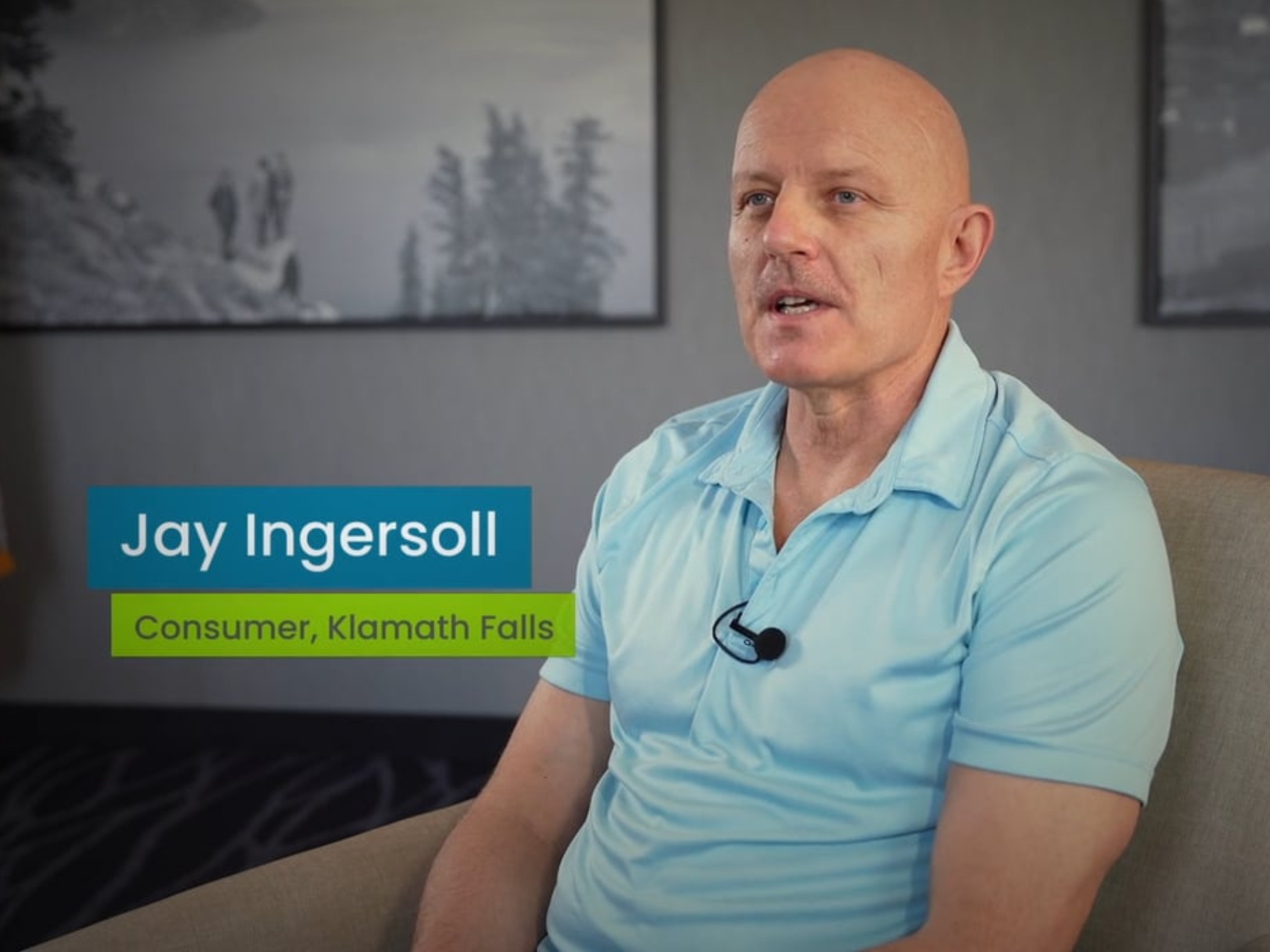 This is an image of Jay Ingersoll wearing a light blue polo. There is a text banner with his name followed by ‘consumer, Klamath Falls’.