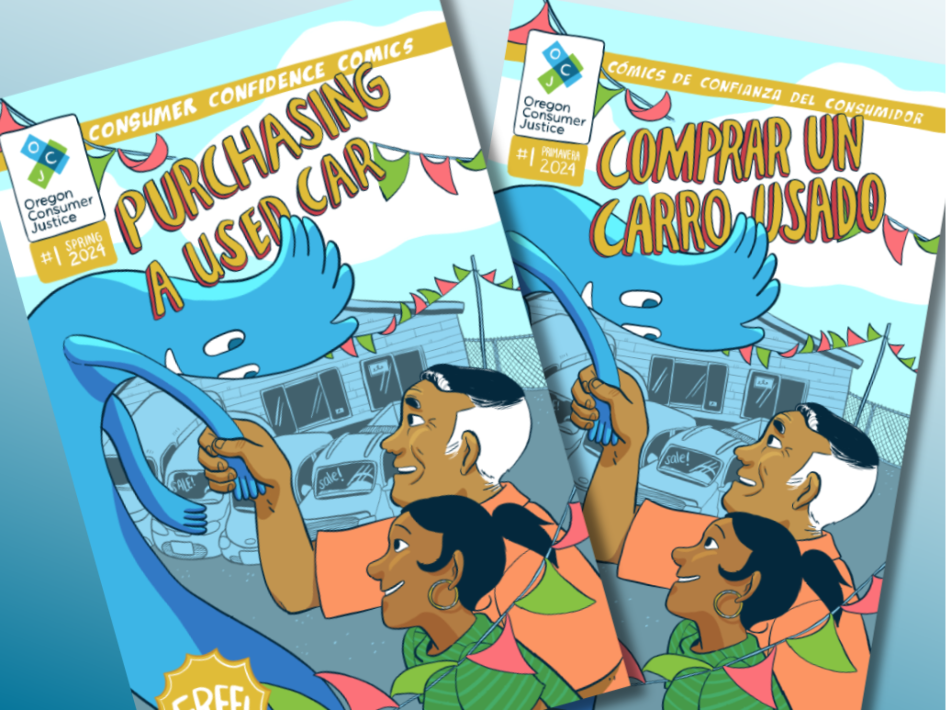 Two comic book covers titled 'Purchasing a Used Car' and 'Comprar un Carro Usado,' featuring colorful illustrations of characters buying a car.