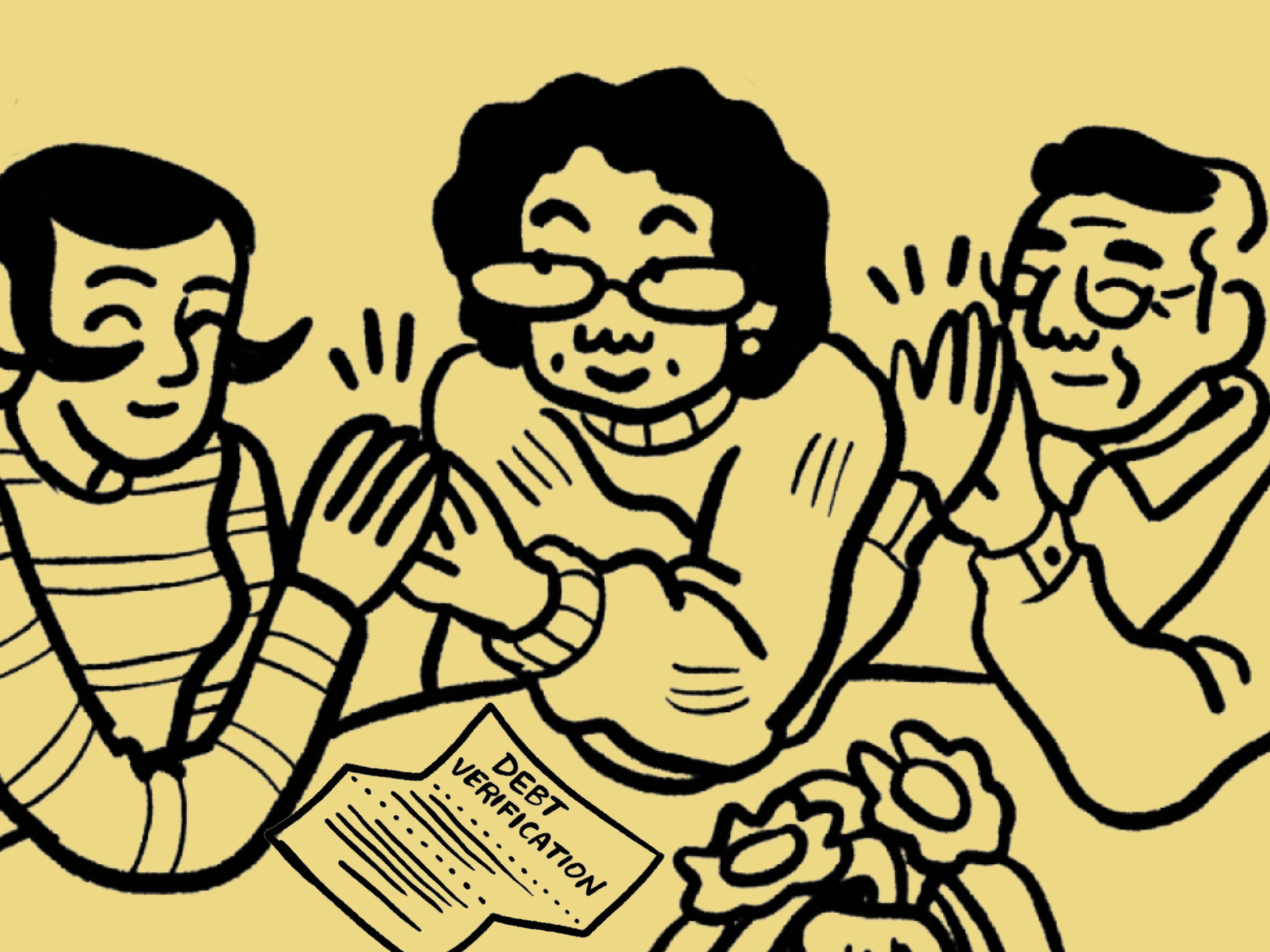 An illustration of three people giving each other high-fives. There is a piece of paper on the table in front of them that says " debt verification."