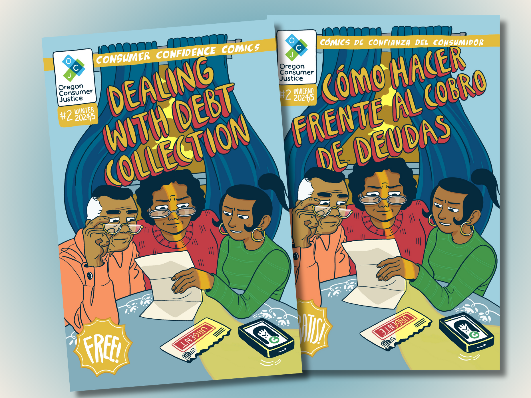 Two comic book covers titled 'Dealing with Debt Collection' and 'Como Hacer Frente al Cobro de Deudas,' featuring colorful illustrations of characters looking at a debt collection notice.