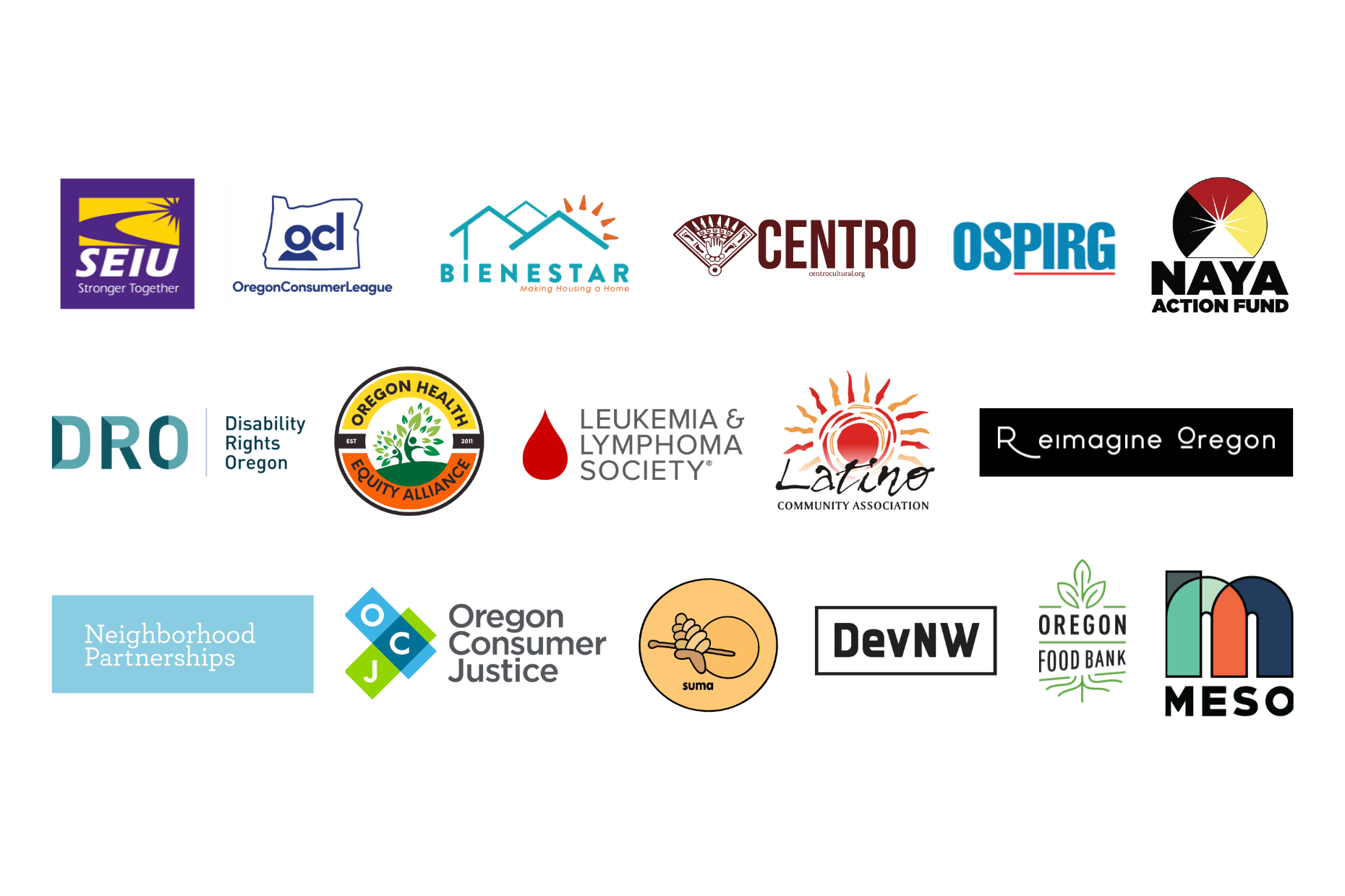 Organizational logos of the membership of the Consumer Alliance of Oregon. 