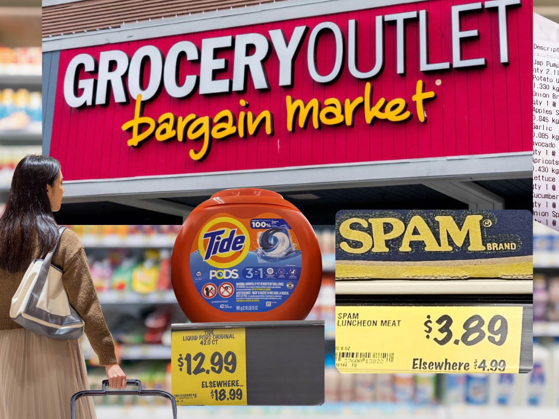 A collage showing a store front, a shopper, two products, and shelf price tags. 