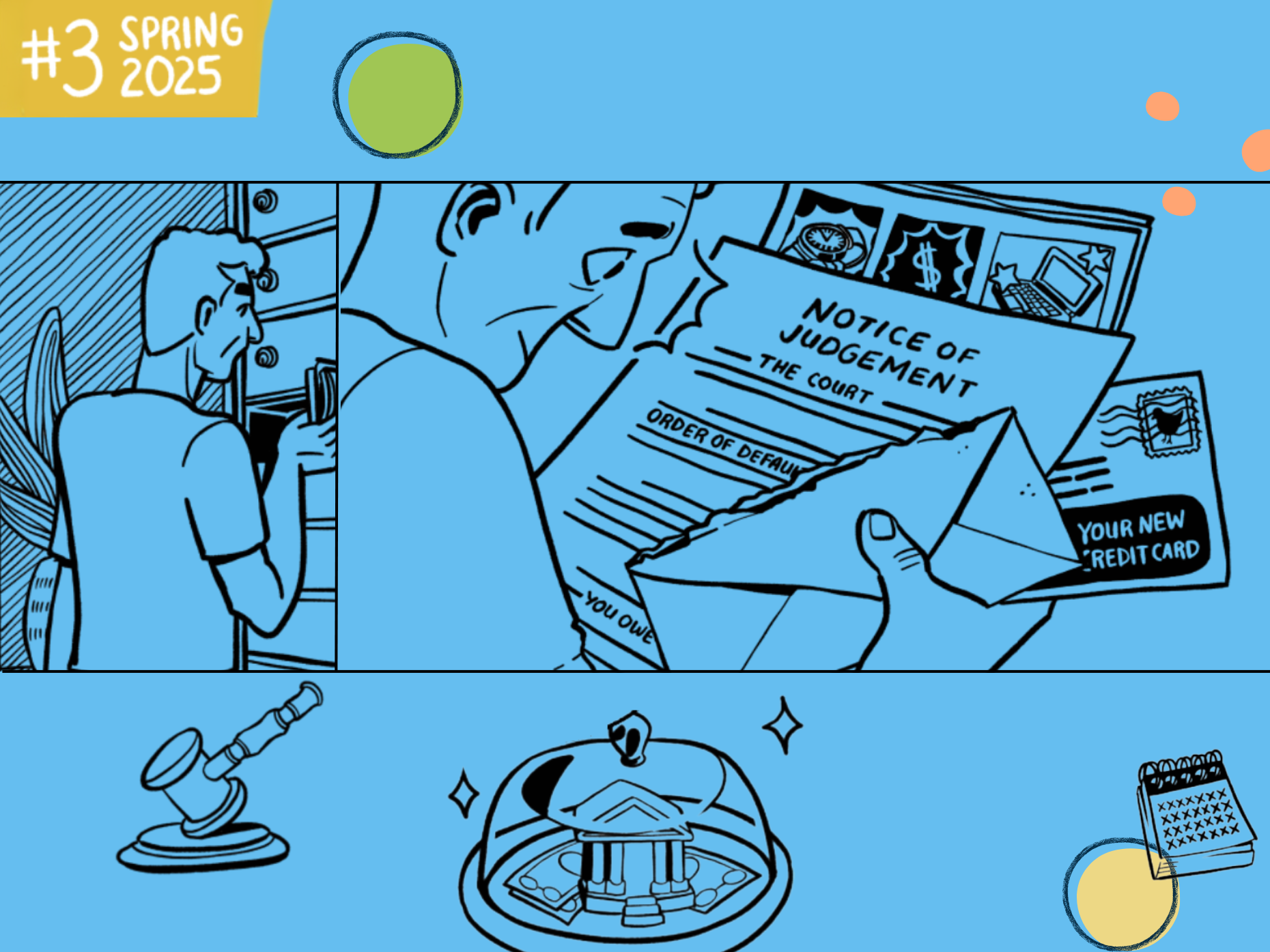 A comic book image with two scenes from the Navigating Debt Collection in Court Consumer Confidence Confidence Comic