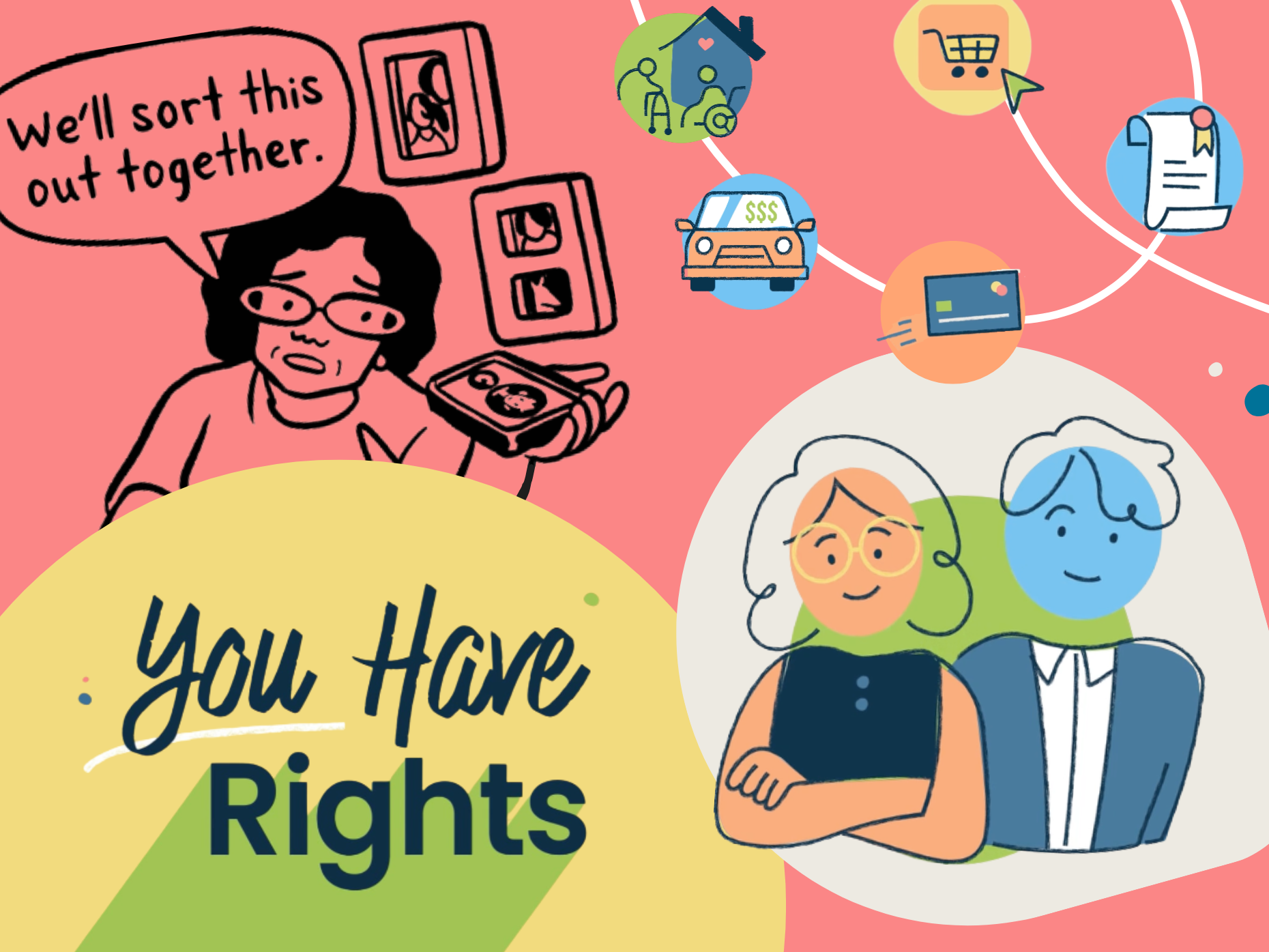 Collage of images from OCJ videos and comic books including the words: 'we'll sort this out together' and "you have rights".
