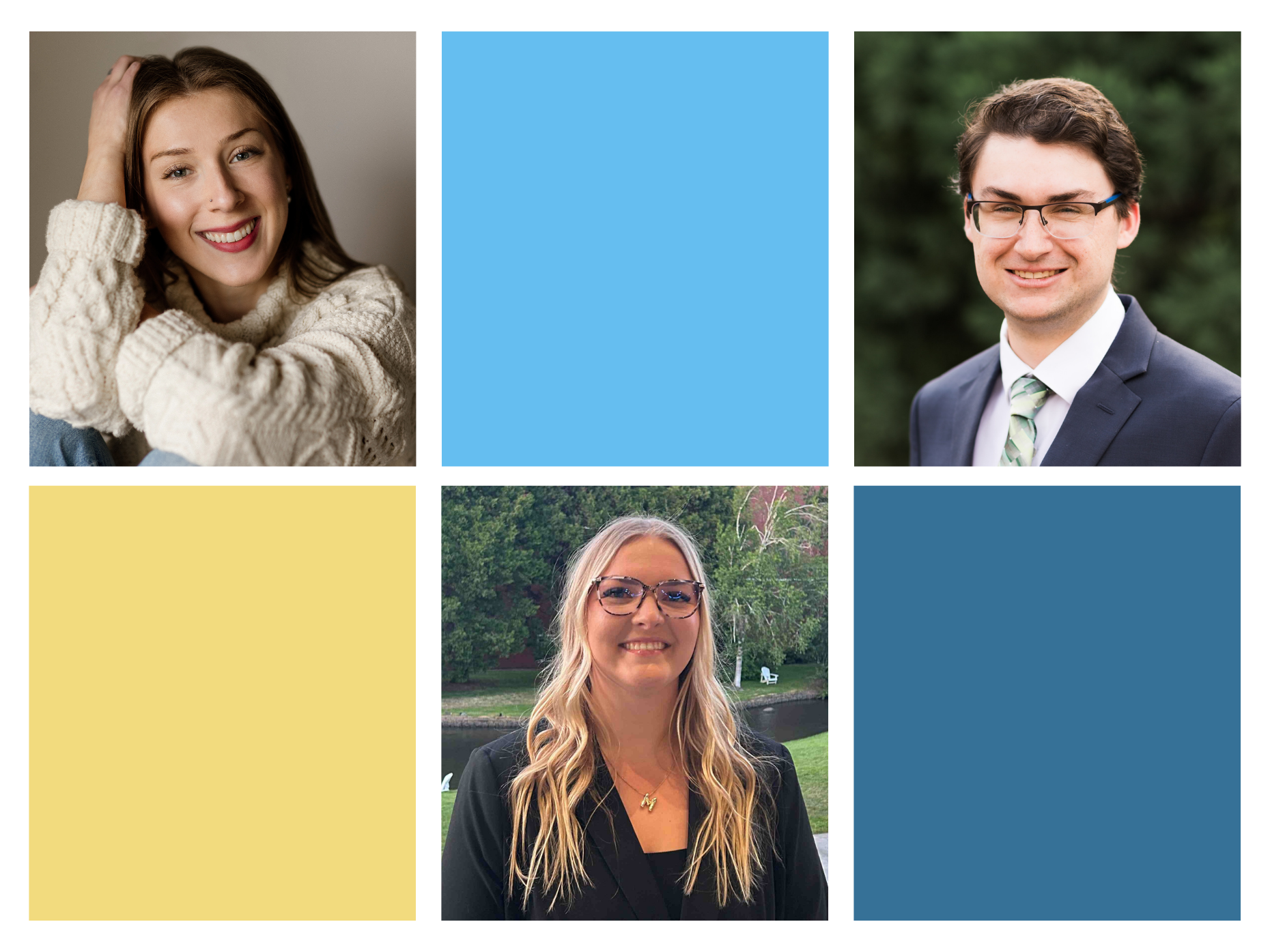 三位秋季实习生的拼贴照片：Felix 站在联合国标志前，Kat 在户外微笑，Nik 身着西装，系着红色领带。