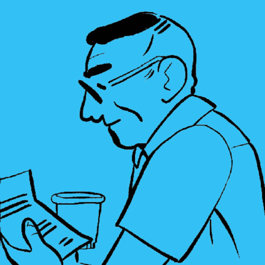 Illustration of an elderly man wearing glasses and reading a document with a cup next to him, set against a blue background.