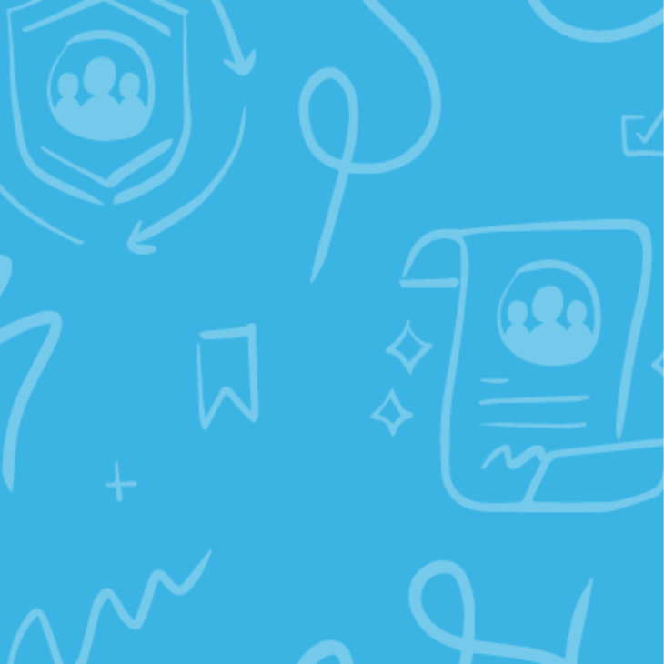 Illustrated blue background with various light blue line drawings, including documents, checkmarks, and people icons.