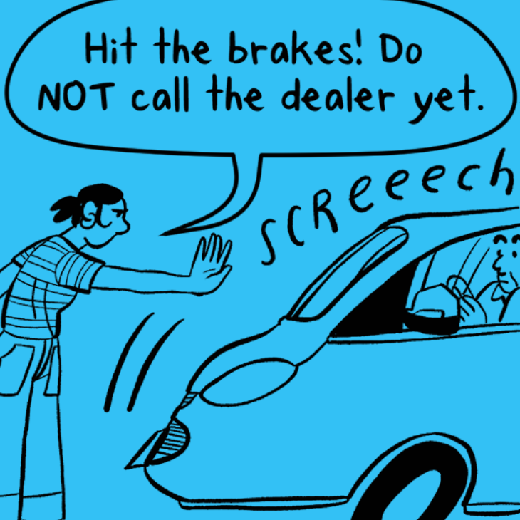 A comic book illustration of a woman holding up her hand like a stop sign to get a car to brake quickly.
