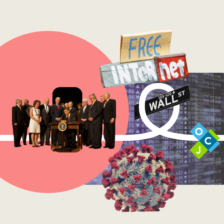 A collage of President Obama signing legislation,. a wooden sign and a street sign for Wall St. Below is a picture of the COVID-19 virus.