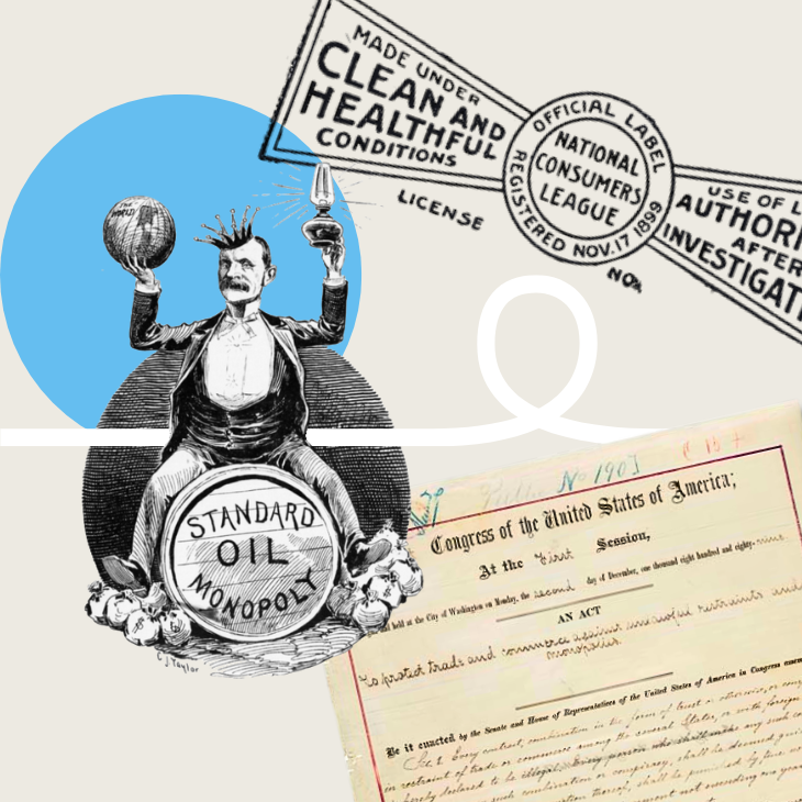 A square collage with a political cartoon from the 1800s, the first logo of the National Consumer's League and the Sherman Anti-Trust Act document. 