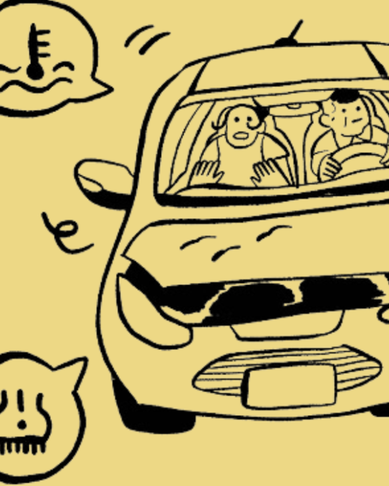  Illustration of a car with a damaged front, two people inside looking distressed, and symbols of a temperature gauge and oil can indicating car trouble.