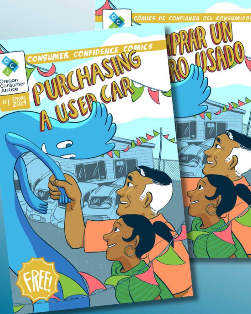 Two comic book covers titled 'Purchasing a Used Car' and 'Comprar un Carro Usado,' featuring colorful illustrations of characters buying a car.