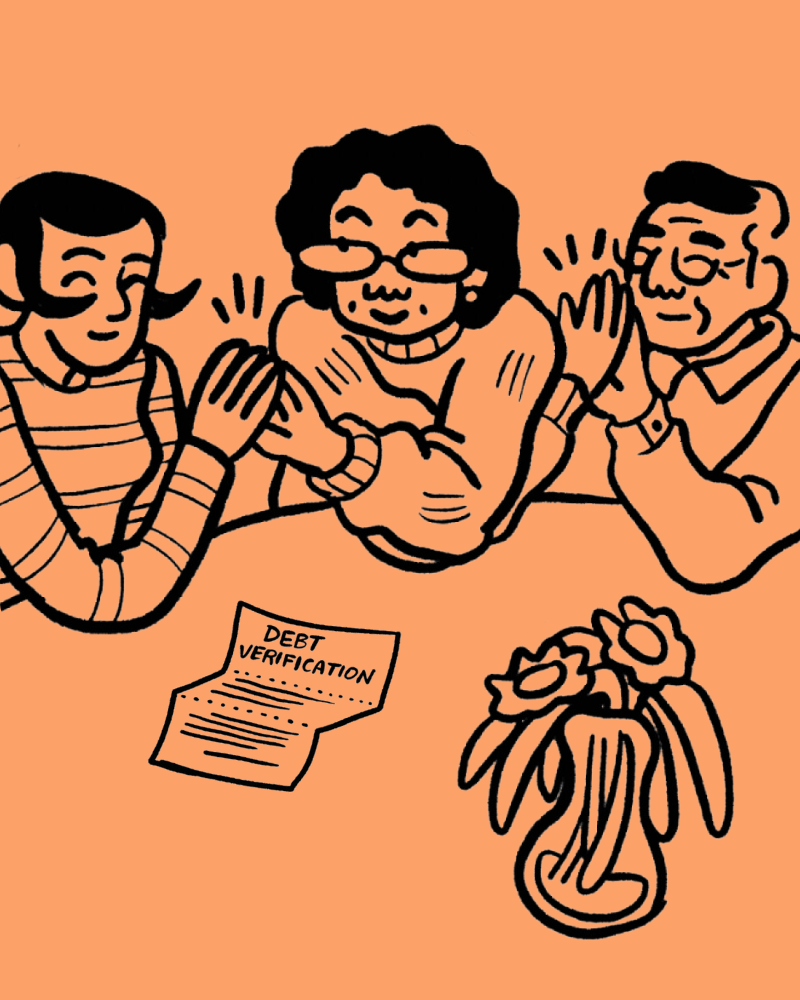 An illustration of three people giving each other high-fives. There is a piece of paper on the table in front of them that says "debt verification."