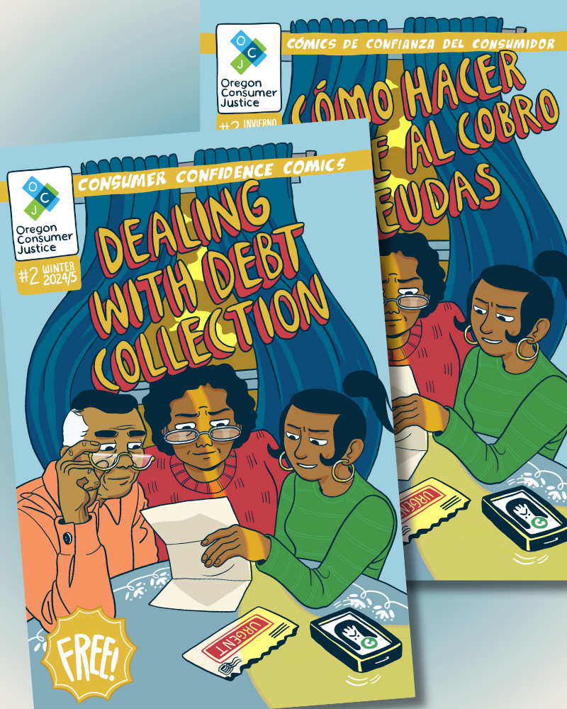 Two comic book covers titled 'Dealing with Debt Collection' and 'Como Hacer Frente al Cobro de Deudas,' featuring colorful illustrations of characters looking at a debt collection notice.