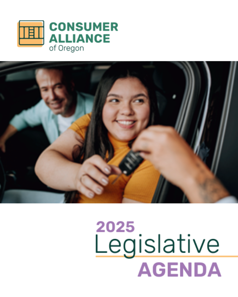 Photo of a person in a parked car smiling as they take the car keys from an unseen person. Features the alliance’s logo and text that reads 2025 legislative agenda. 