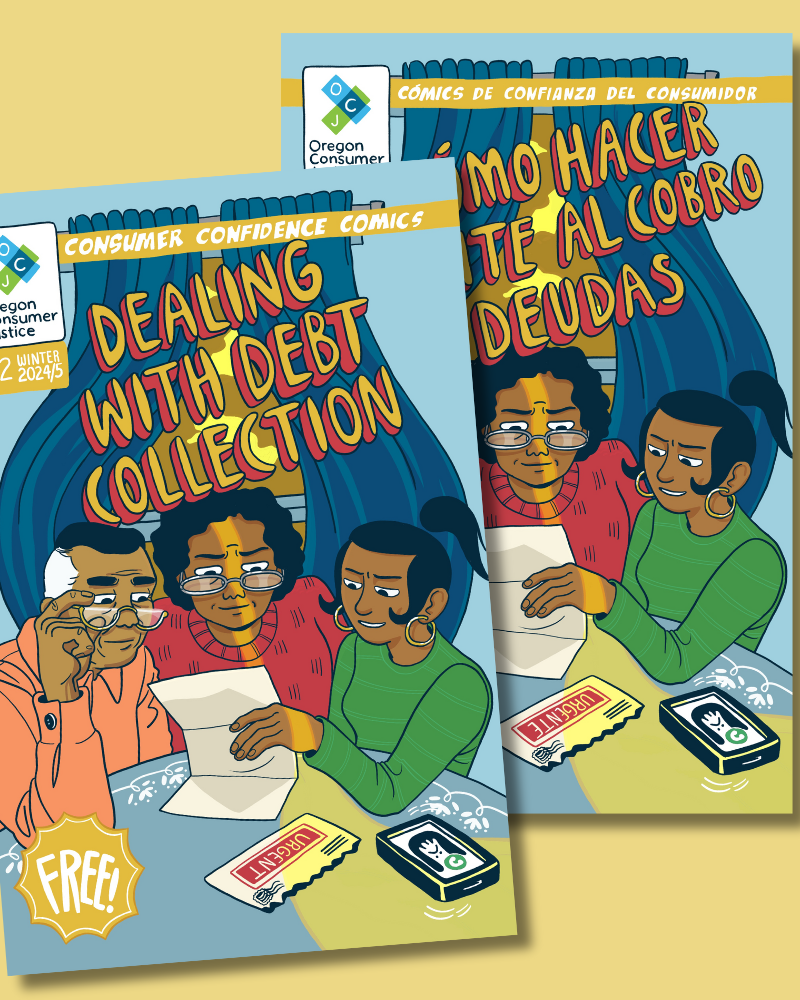 Covers of our dealing with debt collection comic book in both English and Spanish