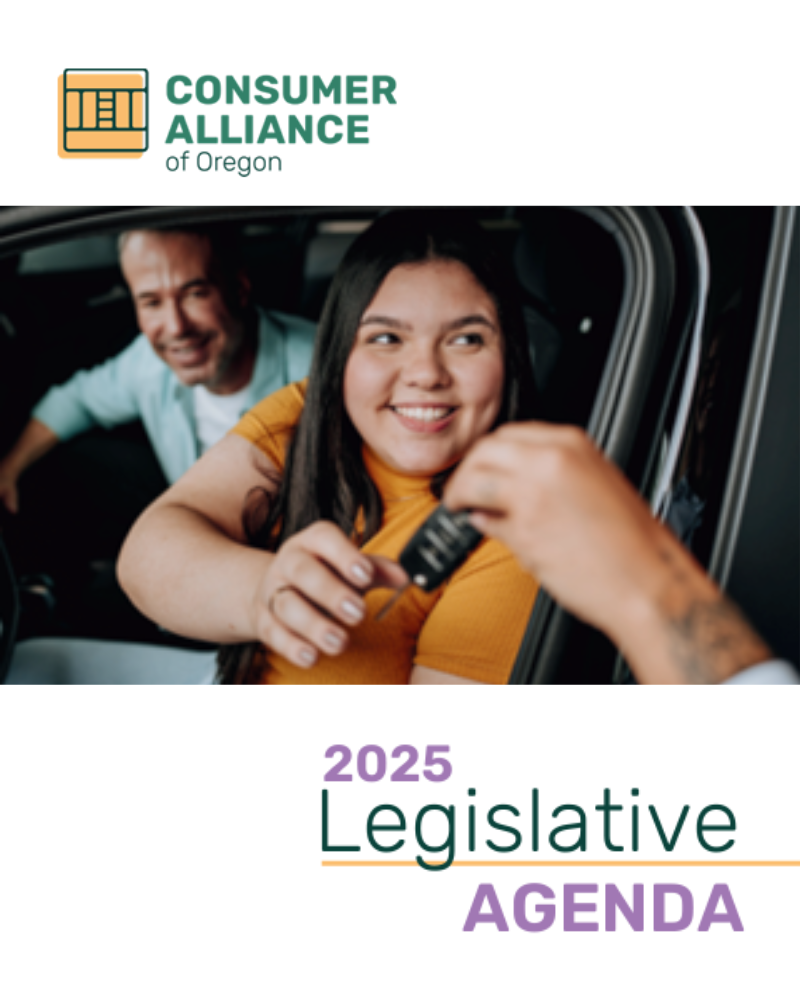 Photo of a person in a parked car smiling as they take the car keys from an unseen person. Features the alliance’s logo and text that reads 2025 legislative agenda.