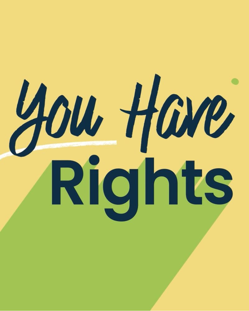 Yellow field with dark blue lettering that reads 'You Have Rights' with a green drop shadow.