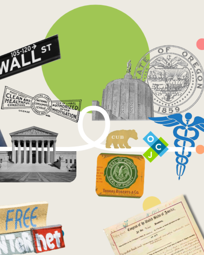 Collage of icons representing different eras of consumer protection