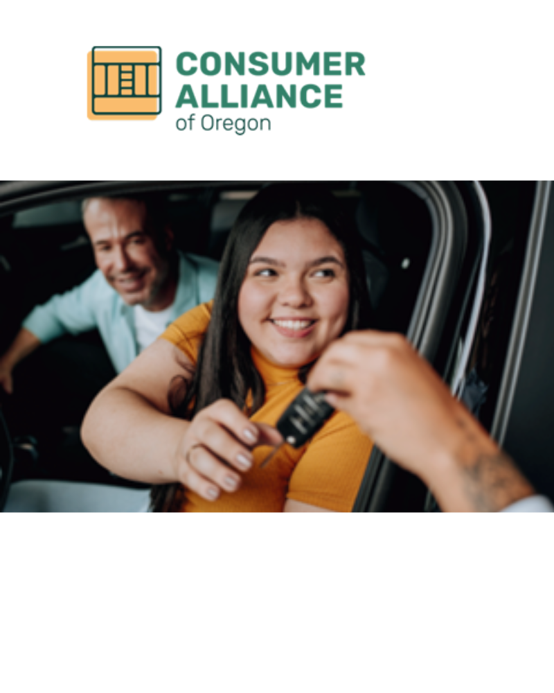 a person sitting in a car being given the keys. At the top is the Consumer Alliance of Oregon logo.