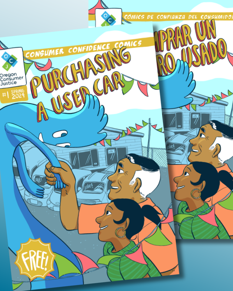 A square with the English and Spanish cover pages of OCJ's Consumer Confidence Comic #1.