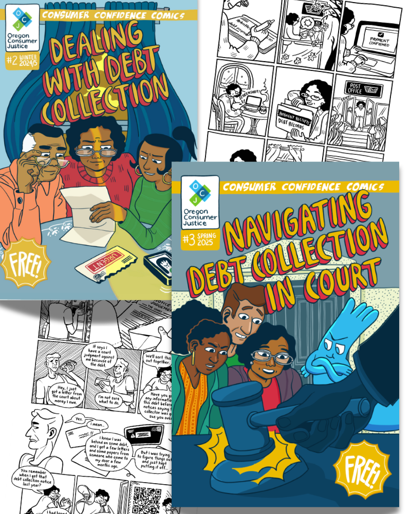 Two covers of the consumer confidence comics with interior pages in the background.