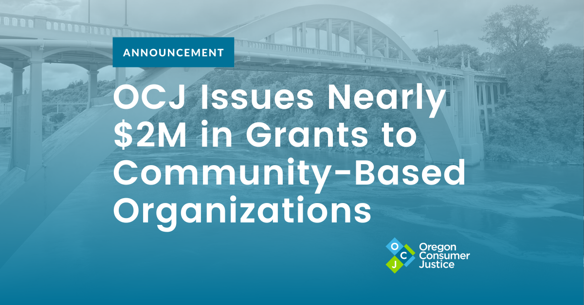 Blue overlay over a photograph of a bridge. Writing says "OCJ Issues Nearly $2M in Grants to Community-Based Organizations"